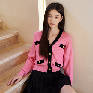 SOMSOM/索玛秋季新款黑色滚边V领粉色休闲气质短款长袖针织开衫