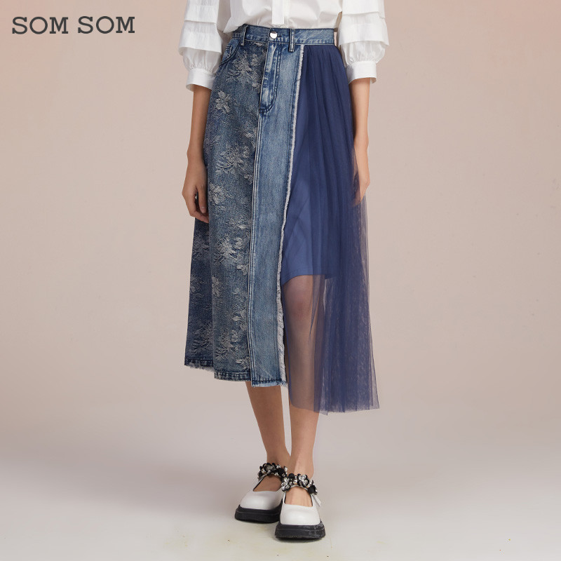 SOMSOM/索玛高腰不规则蕾丝拼接大摆裙春季中长款A字牛仔半身裙女