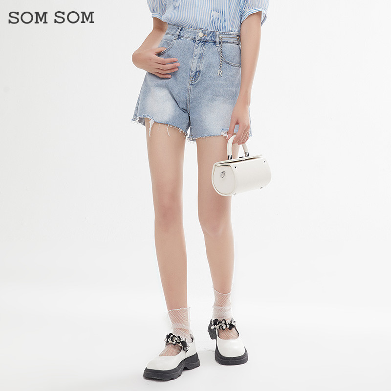 SOMSOM/索玛高腰牛仔短裤女夏季薄款显瘦a字阔腿裤夏天裤子