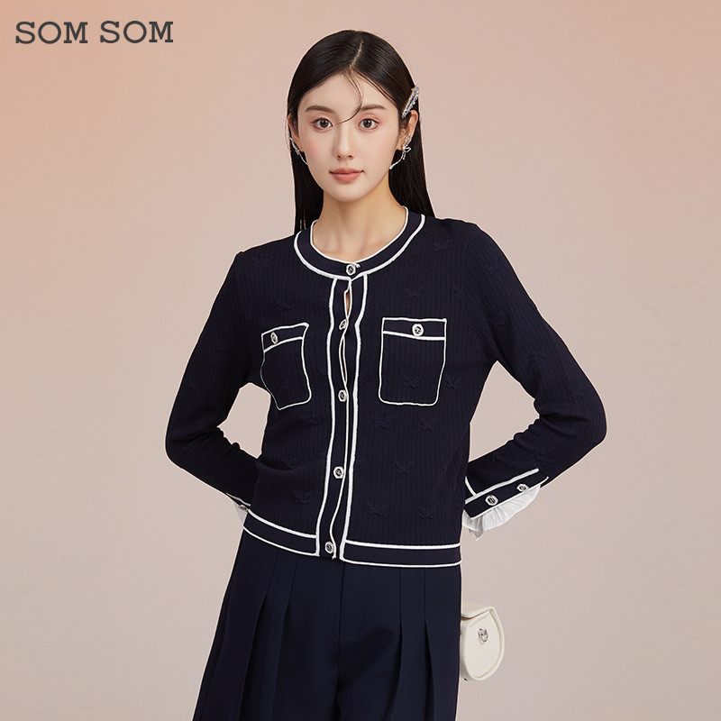 SOMSOM/索玛针织开衫外套女春秋季外穿显瘦明辑线双口袋长袖上衣