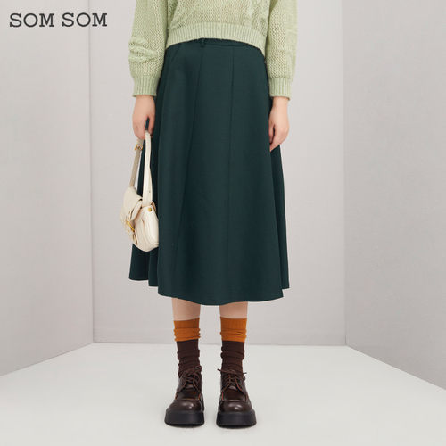 SOMSOM/索玛绿色半身裙女春秋垂坠感中长款伞裙高腰显瘦百搭A字裙