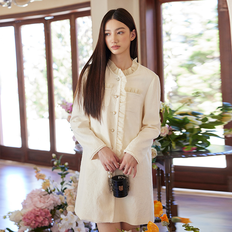 SOMSOM/索玛秋季新款花边领中长款长袖连衣裙女通勤气质