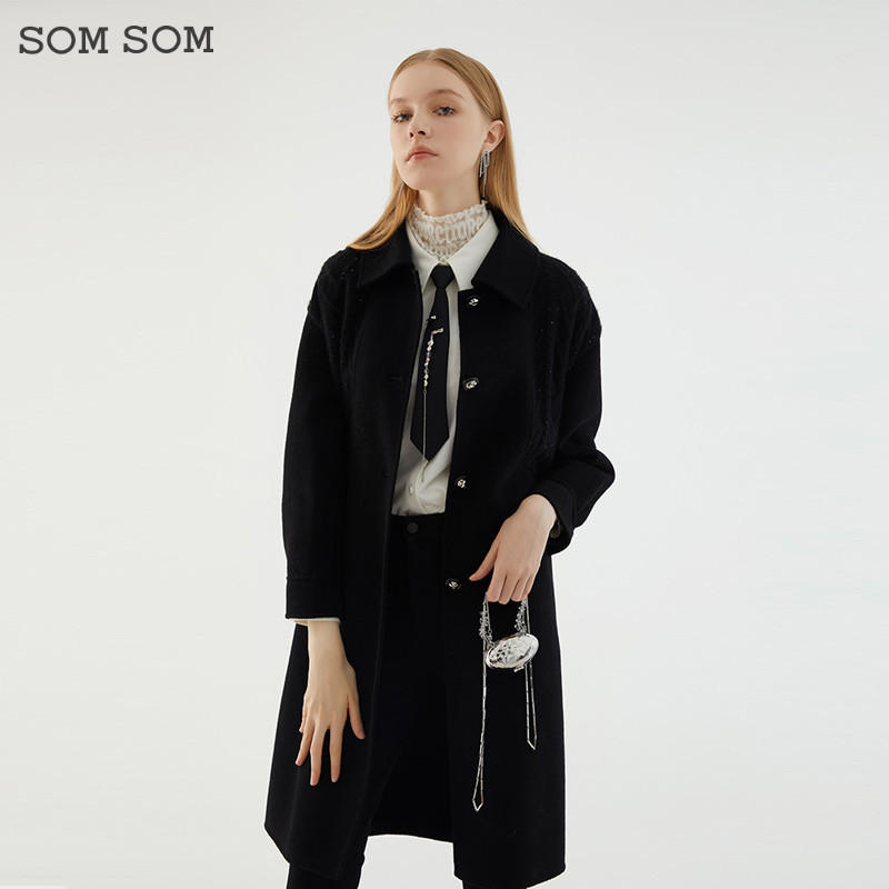 SOMSOM/索玛羊毛呢子大衣女中长款冬季气质显瘦赫本风毛呢外套女