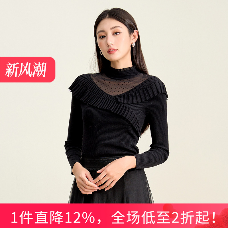 SOMSOM/索玛冬季新款半高领波点网纱拼接立体褶皱针织衫长袖