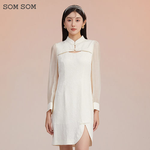 SOMSOM/索玛春秋新中式立领蕾丝拼接连衣裙女高腰开叉国风中长裙