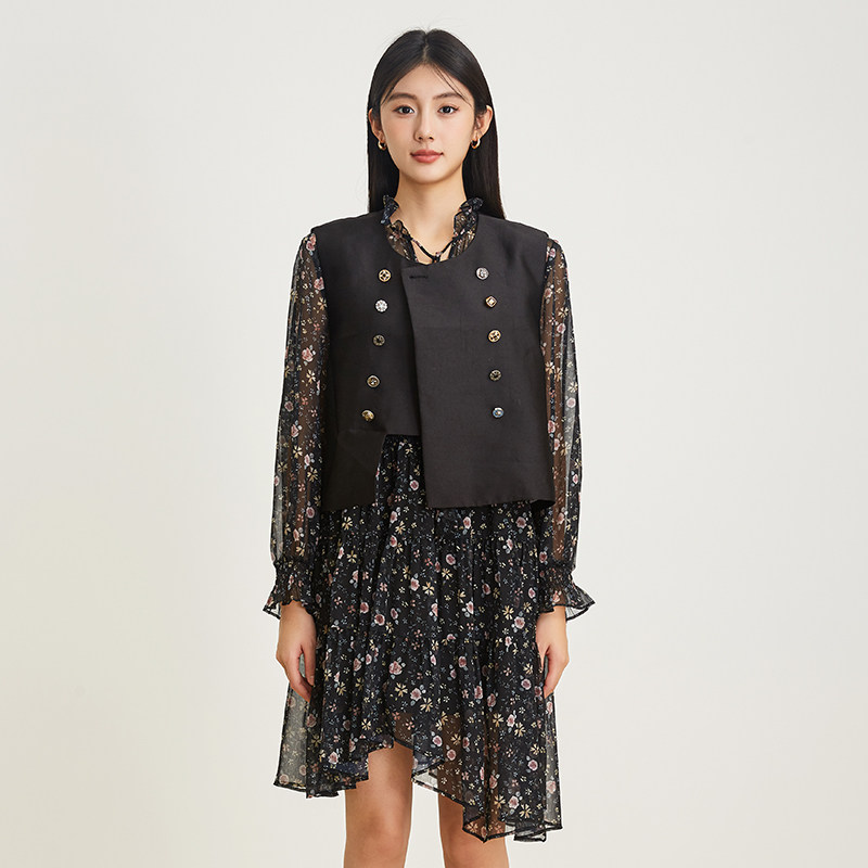 SOMSOM/索玛春季新款黑色碎花收腰花边领不规则雪纺连衣裙两件