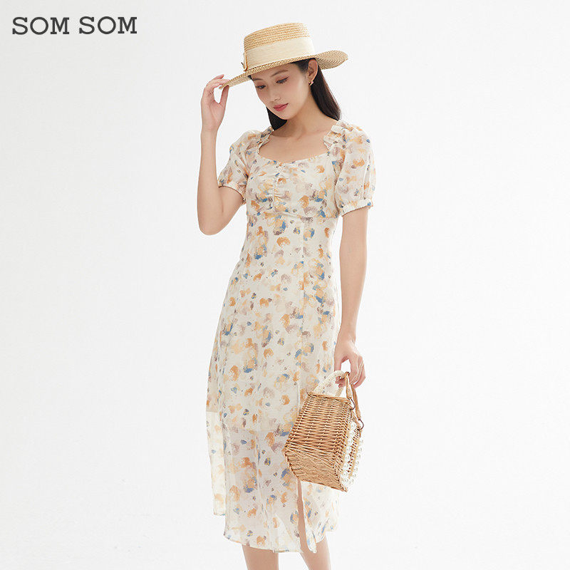 SOMSOM/索玛法式方领连衣裙女夏季雪纺裙高腰显瘦减龄碎花中长裙 - 实物图