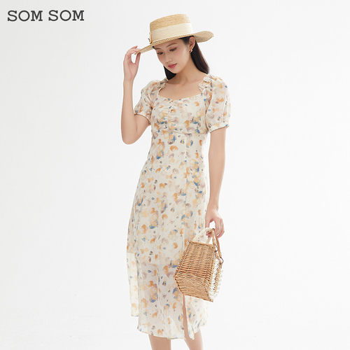SOMSOM/索玛法式方领连衣裙女夏季雪纺裙高腰显瘦减龄碎花中长裙