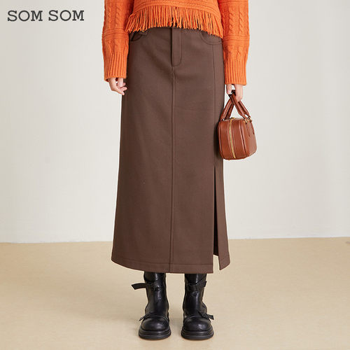 SOMSOM/索玛半身裙女秋冬宽松保暖长裙开叉加绒加厚高腰显瘦A字裙