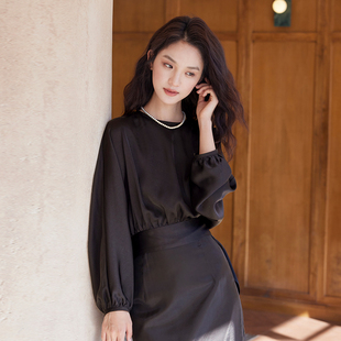 SOMSOM/索玛春季新品风黑色雪纺衫女长袖收腰显瘦百搭高级感上衣