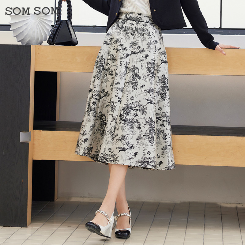 SOMSOM/索玛新中式半身裙女春秋国风水墨A字气质显瘦高腰百搭裙子