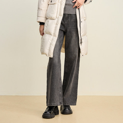 SOMSOM/索玛冬季新品纯色水洗复古休闲直筒阔腿百搭长款牛仔裤