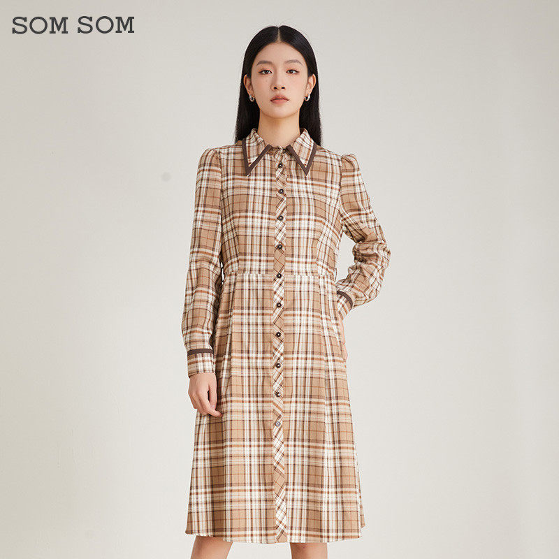 SOMSOM/索玛棉质冬季格子衬衫连衣裙女中长款通勤减龄收腰中长