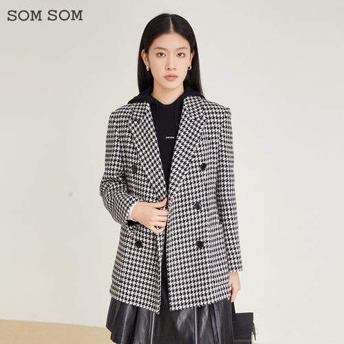 SOMSOM/索玛复古格纹千鸟格毛呢外套女中长款小西装外套呢子大衣