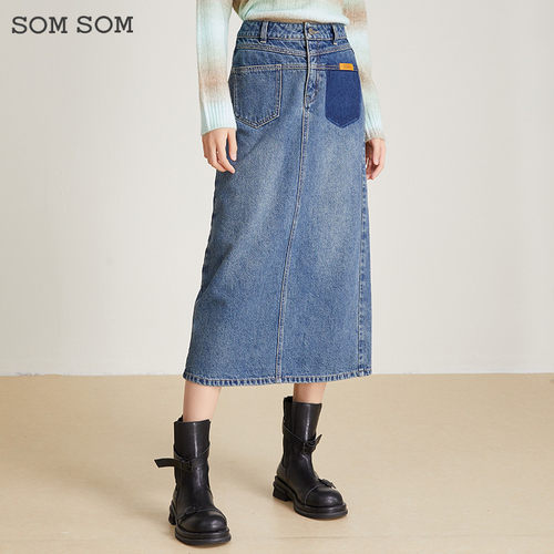 SOMSOM/索玛高腰牛仔半身裙女中长款秋冬显瘦撞色后开叉包臀裙子