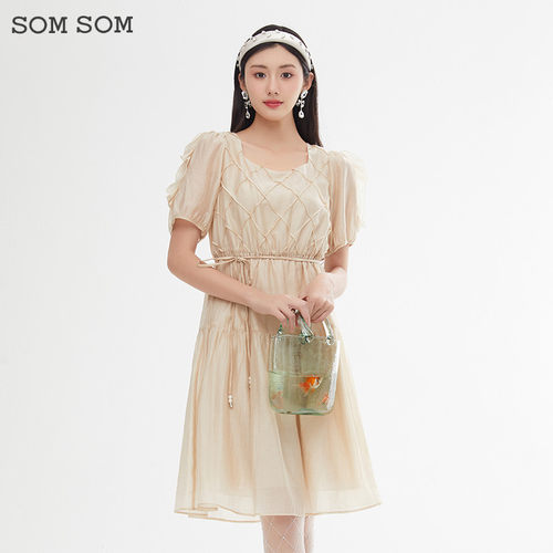 SOMSOM/索玛法式高级感菱格连衣裙女夏季收腰显瘦气质a字裙