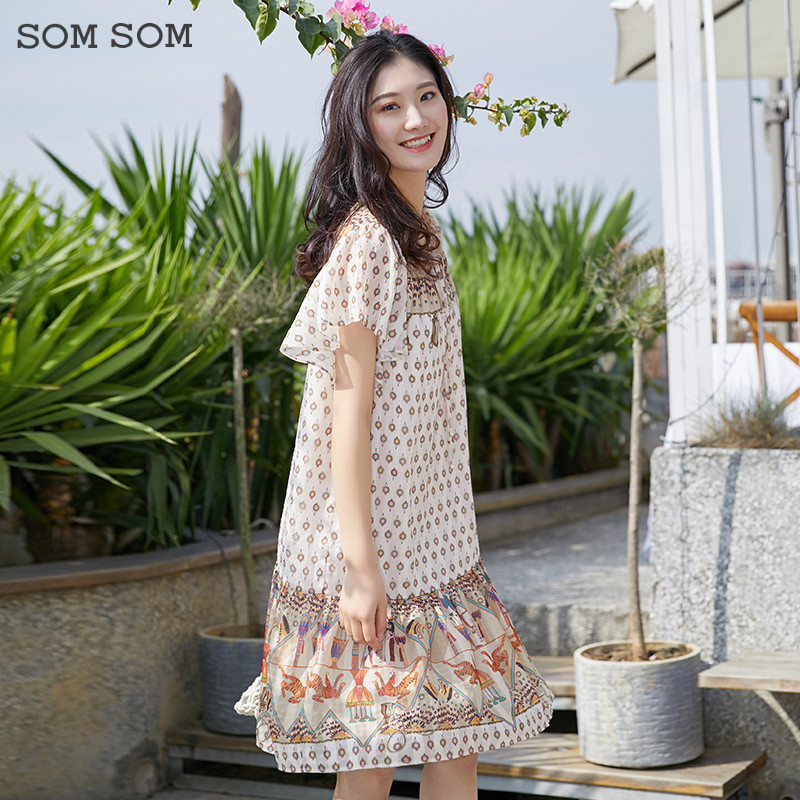 SOMSOM/索玛2023夏季新款短袖连衣裙女收腰显瘦圆领雪纺裙子121