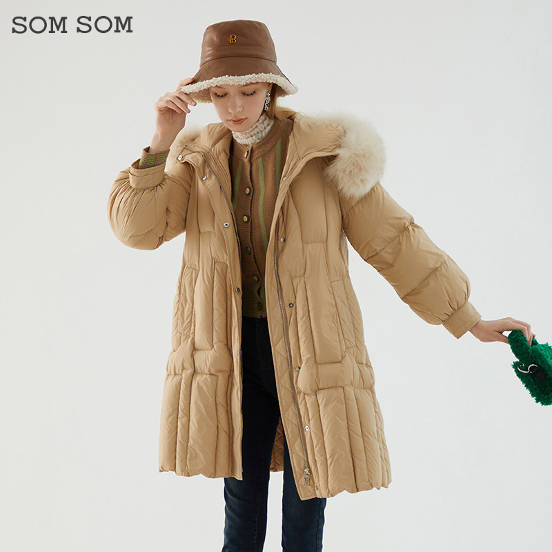 SOMSOM/索玛中长款加厚连帽毛领羽绒服女冬季显瘦中长款鸭绒外套