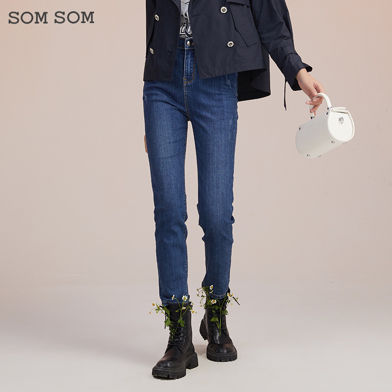 SOMSOM/索玛高腰牛仔裤女春秋季显瘦铅笔裤百搭直筒长裤子