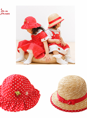儿童宝宝遮阳帽防晒藤编草帽红色波点草莓纯棉度假风日系姐妹春夏