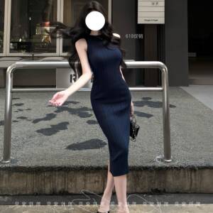 清冷御姐高智感针织无袖背心包臀裙女御姐风修身显瘦内搭连衣裙女