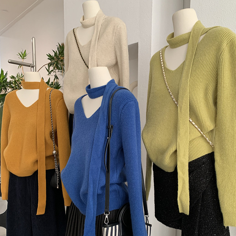 欧玛莱 V领纯色长袖套头针织衫配飘带冬季保暖内搭套头毛衣女5471