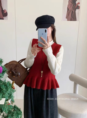 苏珊 韩系女装新款荷叶边圆领无袖针织背心马甲外搭上衣1811S