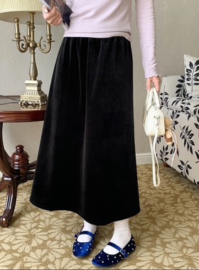 3th Morning 中古氛围感 松紧高腰加绒A字丝绒半身裙ZY3562