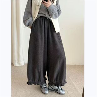 毛呢花苞女冬季2025新款高腰显瘦九分木耳边气球灯笼裤