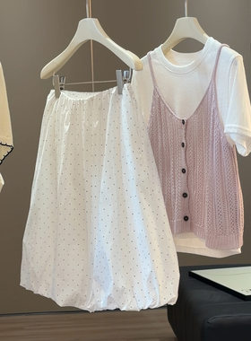 休闲花苞波点半身裙女夏季宽松高腰显瘦设计感减龄通勤蓬蓬中裙子