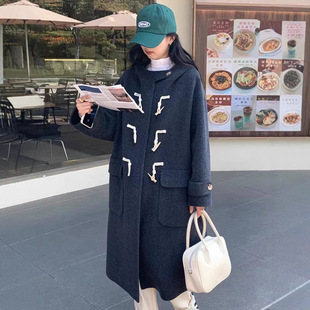鬼怪韩版秋冬新款复古牛角扣双面羊毛大衣女宽松韩版毛呢外套