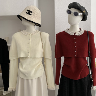 洋气减龄内搭毛衣 新款 5928 花边钉珠斗篷披肩两件套女冬季 欧玛莱