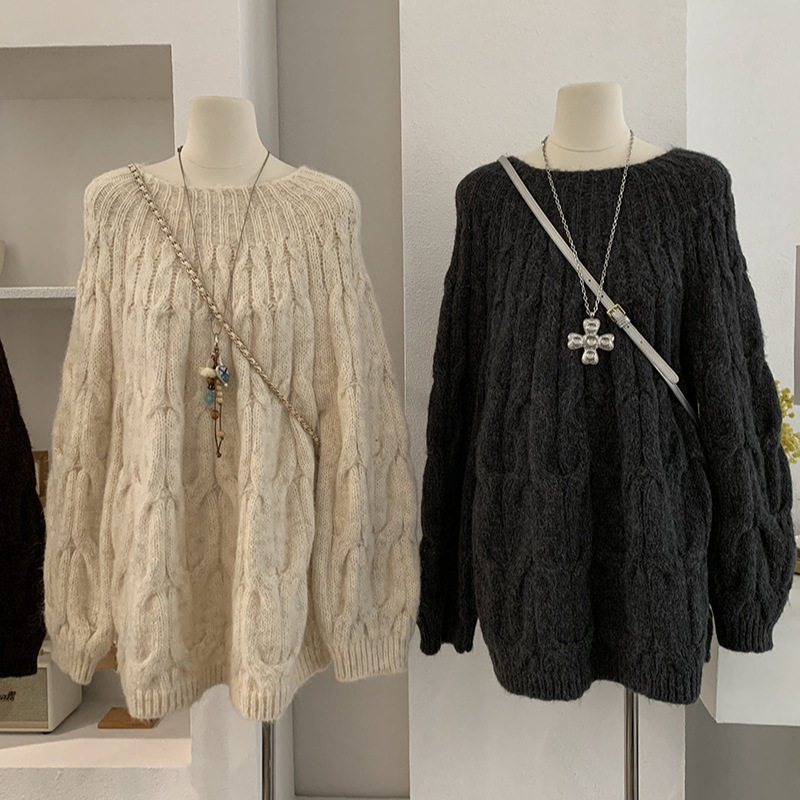 欧玛莱 宽松慵懒风加厚麻花圆领长袖中长款套头针织衫毛衣女5742