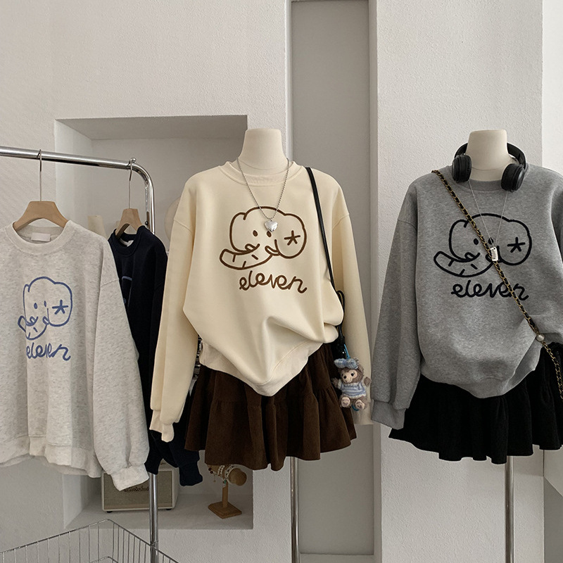 欧玛莱 圆领卡通小象刺绣宽松休闲卫衣秋冬新款韩版时尚上衣