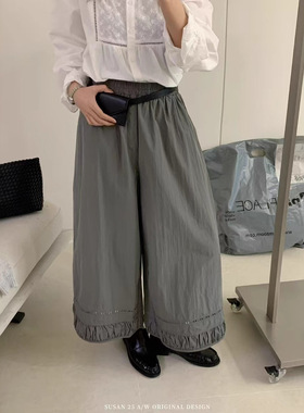 苏珊韩系褶皱花边宽松直筒阔腿休闲裤秋季新款洋气九分长裤26318