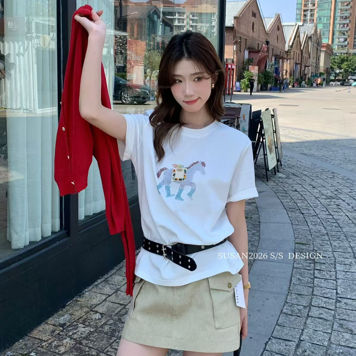 苏珊 韩版卡通小马贴布钉珠圆领短袖T恤女2026夏季新款上衣SI69