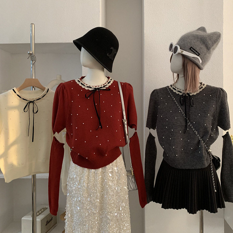 欧玛莱 法式甜美钉珠泡泡袖针织衫女蝴蝶结绑带毛衣配袖套潮 6238,女装/女士精品,毛针织衫,淘宝优惠券,粉丝福利购,淘宝优惠卷