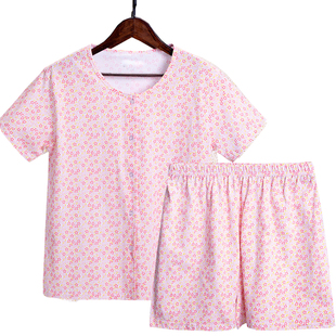 系扣 睡衣女夏老人针织棉家居服可外穿奶奶开衫 老太太纯棉短袖 短裤
