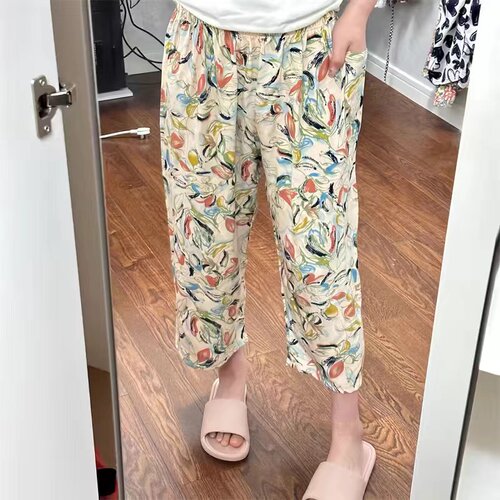 5060岁奶奶夏天七分裤纯棉绸阔太太睡裤女绵绸老人薄款家居裤简约