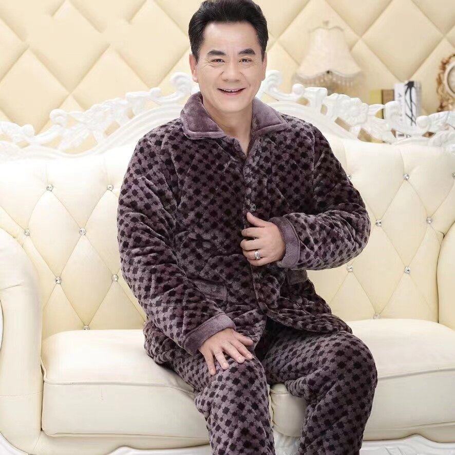 冬季爸爸睡衣男士保暖珊瑚绒夹棉
