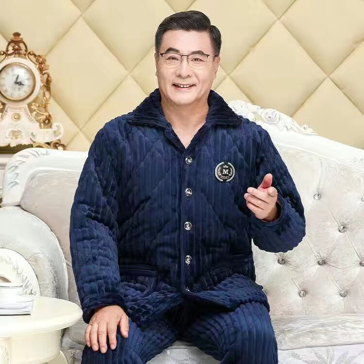 老人保暖棉袄棉裤加绒加厚睡衣男