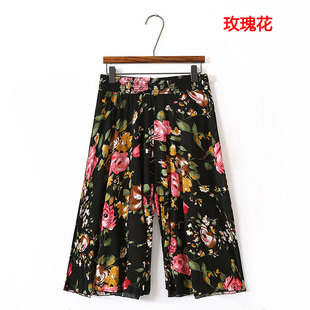 中老年碎花阔腿裙裤 裙女冰丝透气婆婆弹力五分裤 大摆 短裤 妈妈夏款