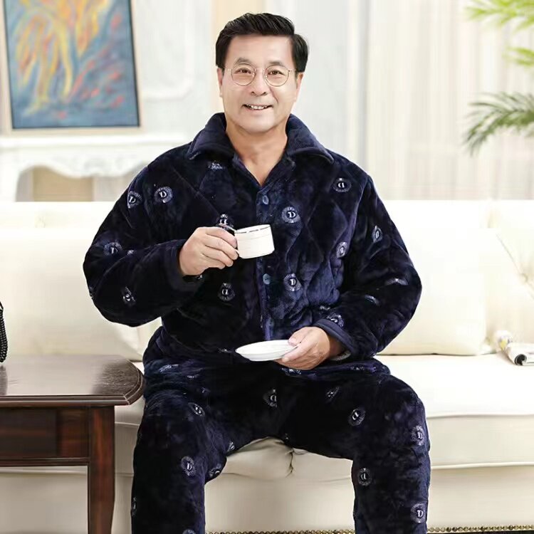 冬季爷爷三层加厚睡衣男翻领棉袄