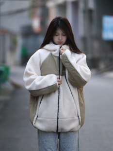 本上原550G加厚重磅摇粒绒连帽外套男女秋冬新款情侣宽松拼接棉衣