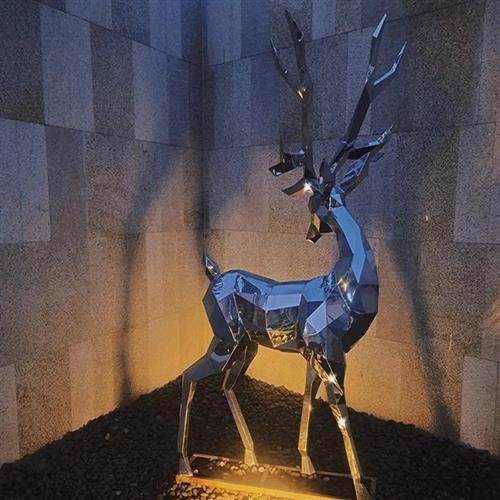 厂家定制不锈钢鹿雕塑几何镜面子母鹿动物景观户外园林摆件镂空