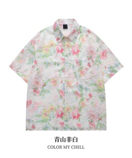 小众设计感碎花短袖衬衫男薄款休闲宽松气质流苏毛边潮流痞帅衬衣