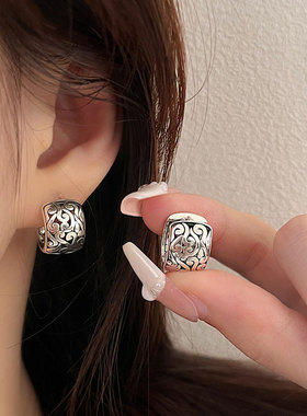 srrmhyn祥云耳扣中国风复古做旧泰银唐草纹耳圈本命年