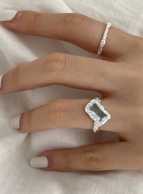 韩版锡箔肌理戒指女复古时尚闪亮蓝色锆石开口指环食指戒潮