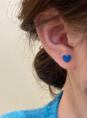 srrmhyn耳钉女爱心耳环2024年新款潮小众秋冬蓝色免摘耳饰