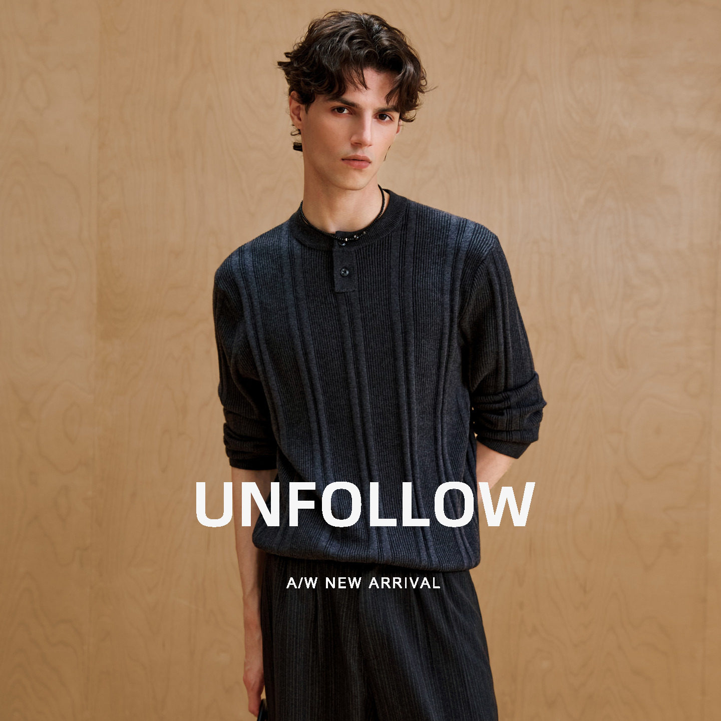 UNFOLLOW桑蚕丝羊毛混纺竖纹亨利领针织衫男秋季新款毛衣休闲上衣